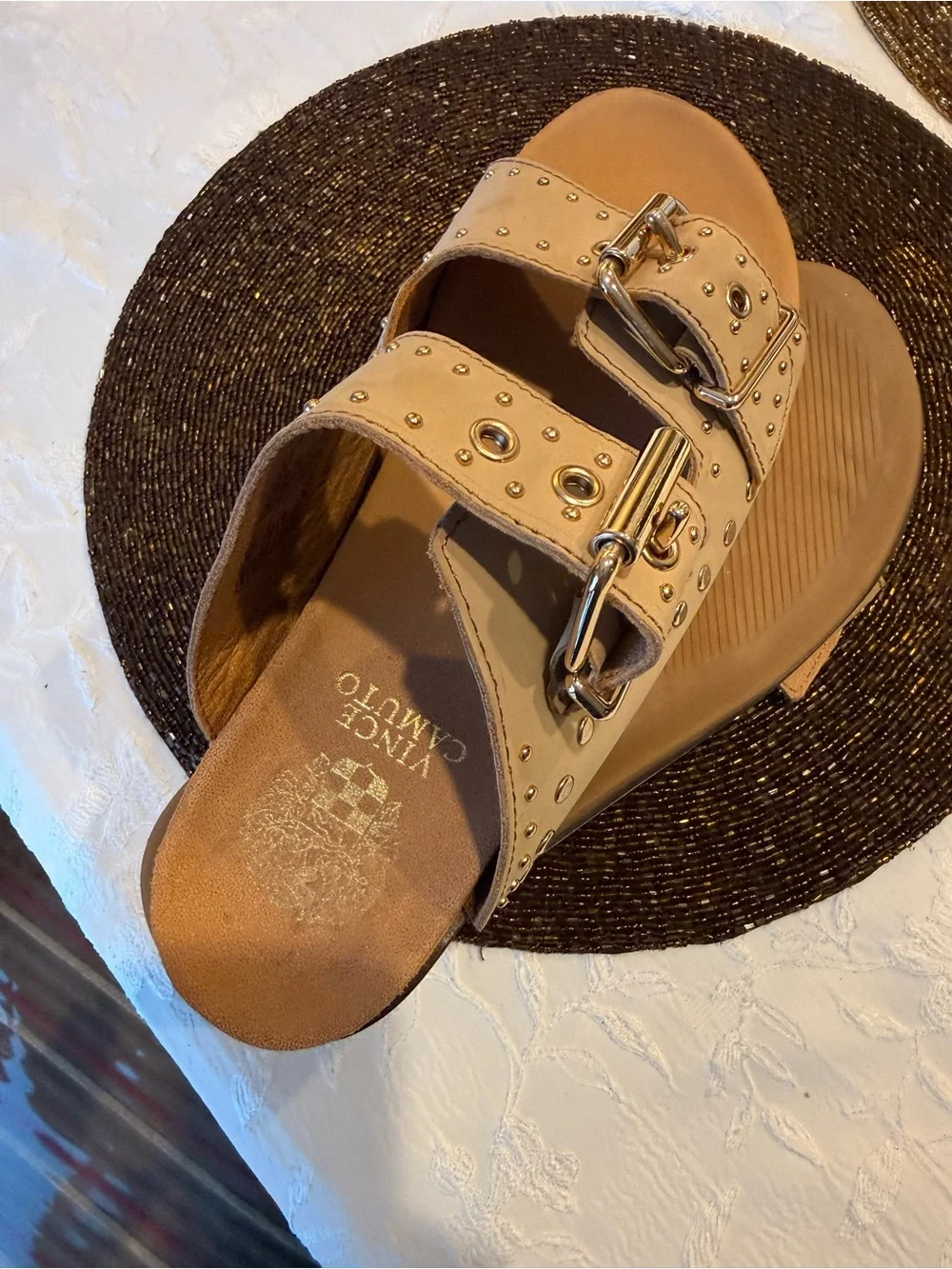 Vince Camuto Taupe Buckle Slide Sandals with Studs
